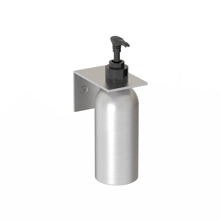 Detaljebillede af RAWW sæbedispenser – rå aluminiumsfinish med mat, ridsefast overflade