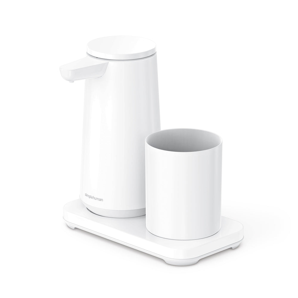 sensor skumsæbedispenser med holder og tandbørstekrus med åbent låg - simplehuman børstet stål