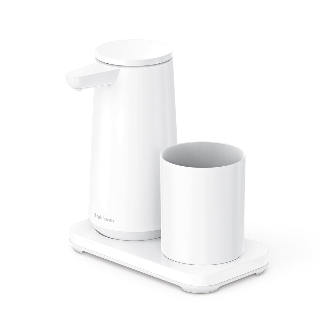 sensor skumsæbedispenser med holder og tandbørstekrus med åbent låg - simplehuman børstet stål