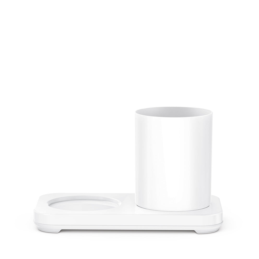 Mål og dimensioner for simplehuman sensor skumsæbedispenser med holder og tandbørstekrus